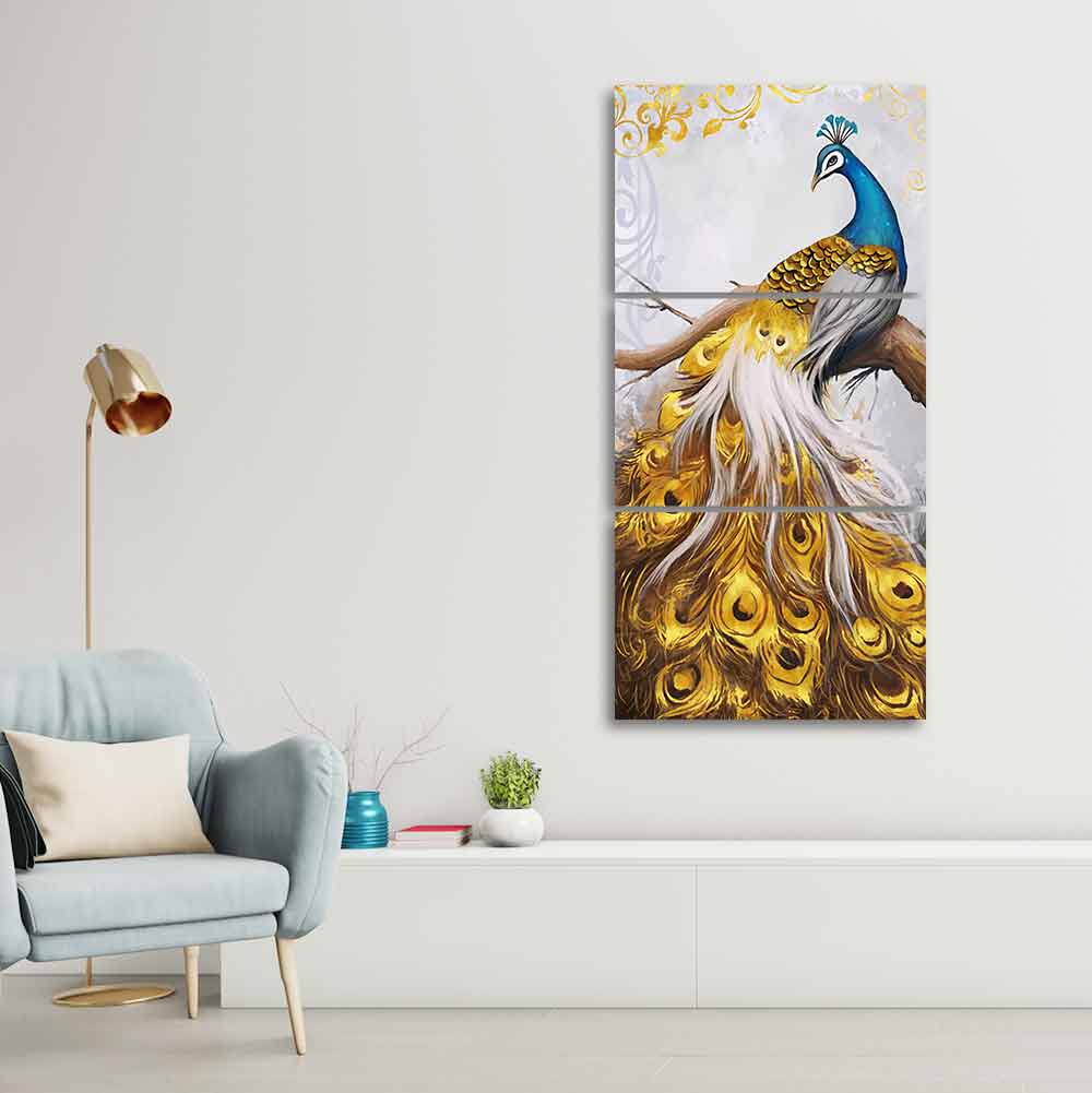 A Beautiful 3 Pieces Wall Painting of Golden Peacock Decor Mantra