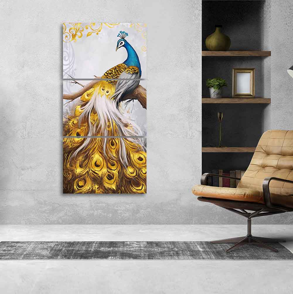 A Beautiful 3 Pieces Wall Painting of Golden Peacock Decor Mantra