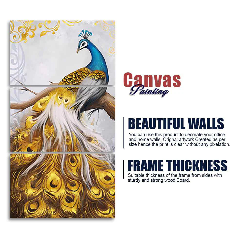 A Beautiful 3 Pieces Wall Painting of Golden Peacock Decor Mantra