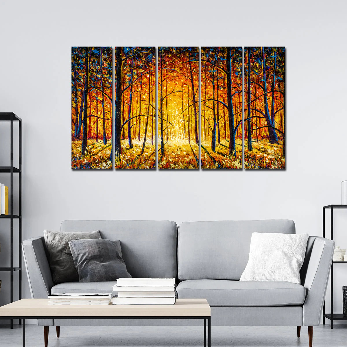 A Beautiful 5 Pieces Premium Wall Painting of Tree Forest in Sunset DECORMANTRA