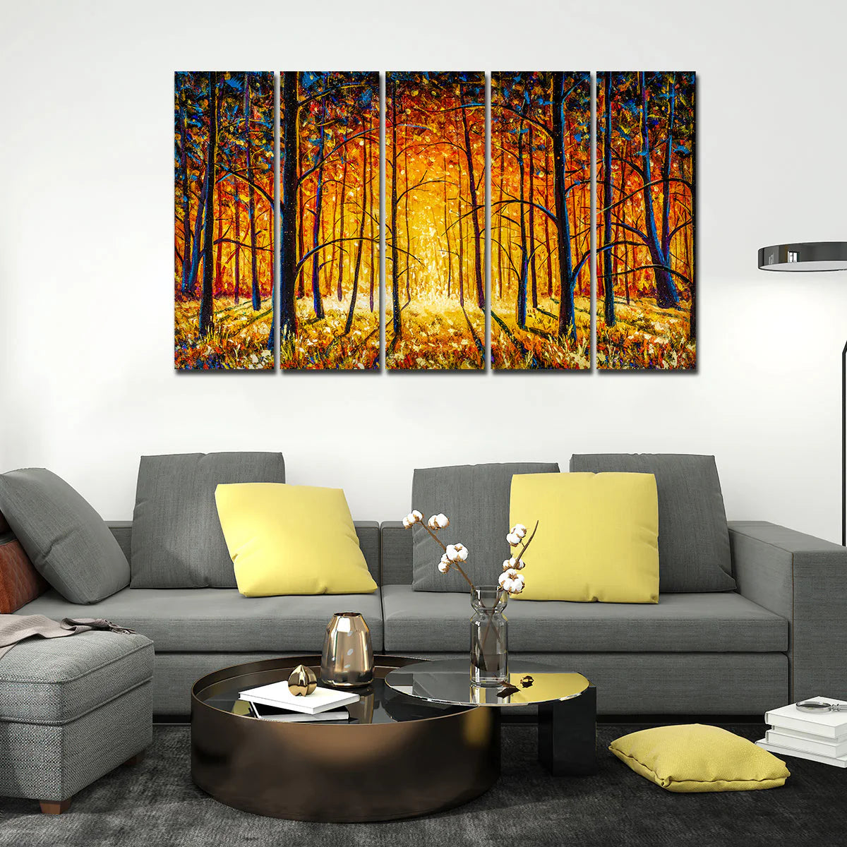 A Beautiful 5 Pieces Premium Wall Painting of Tree Forest in Sunset DECORMANTRA