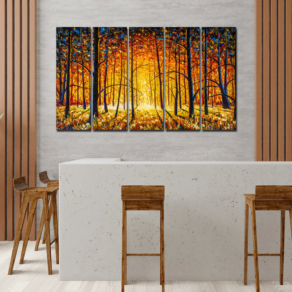 A Beautiful 5 Pieces Premium Wall Painting of Tree Forest in Sunset DECORMANTRA