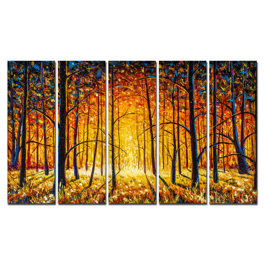 A Beautiful 5 Pieces Premium Wall Painting of Tree Forest in Sunset DECORMANTRA