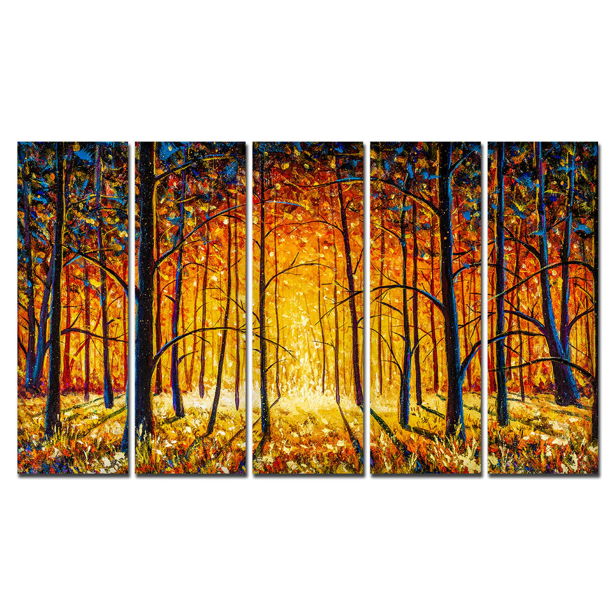 A Beautiful 5 Pieces Premium Wall Painting of Tree Forest in Sunset DECORMANTRA