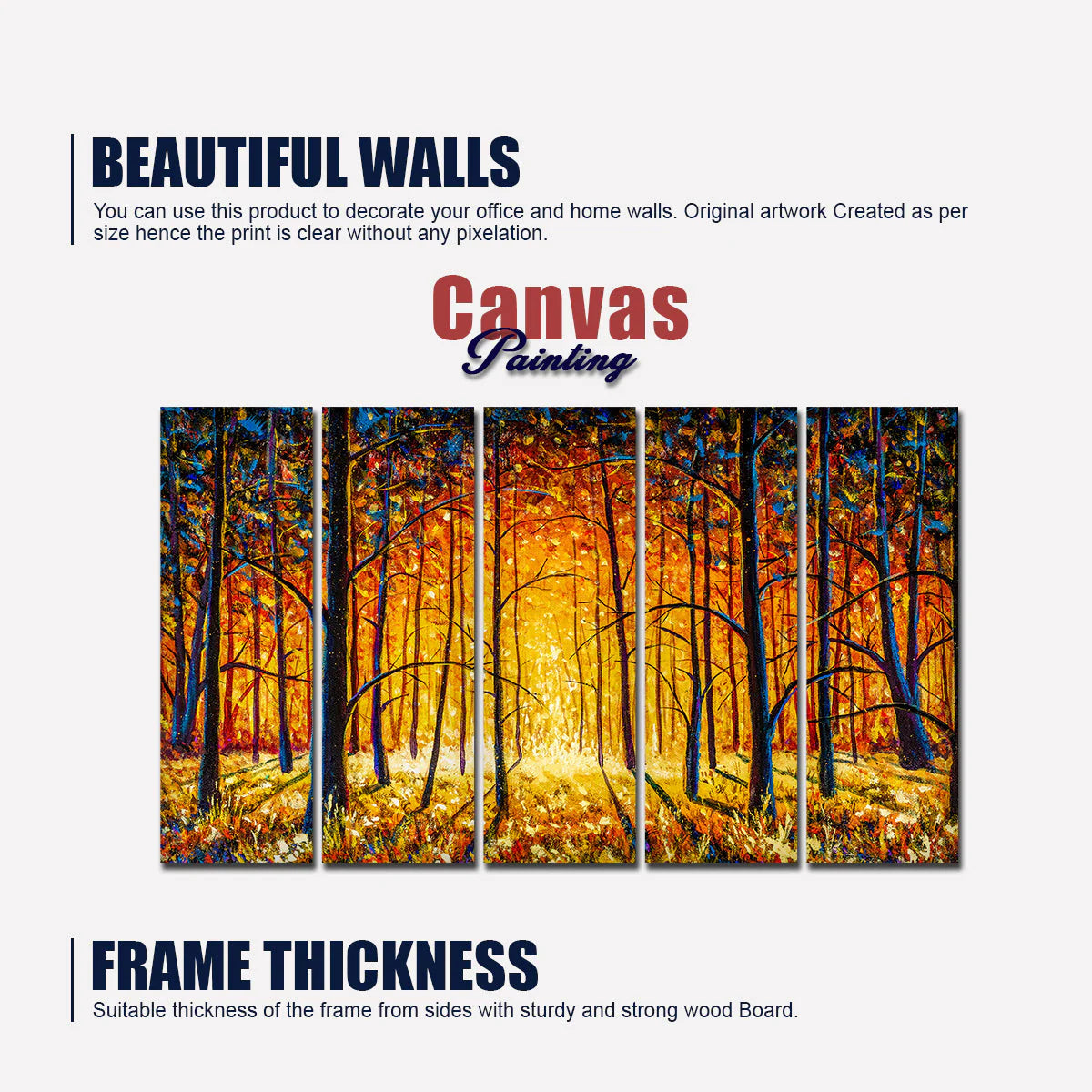 A Beautiful 5 Pieces Premium Wall Painting of Tree Forest in Sunset DECORMANTRA