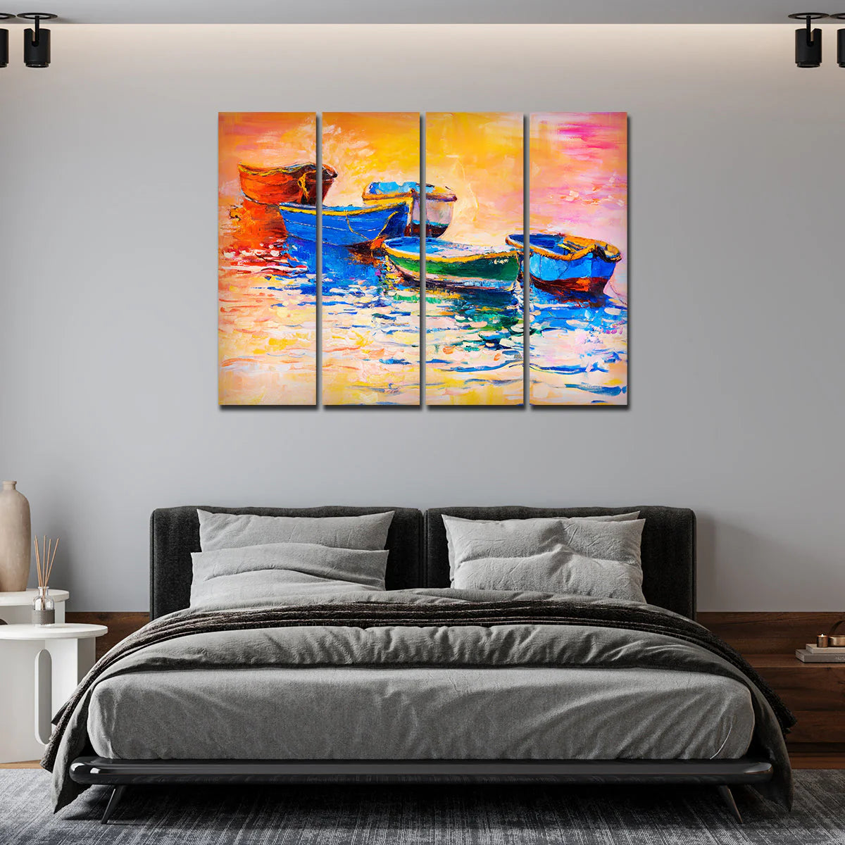 A Beautiful Boat in Sunset Background Wall Painting of 4 Pieces DECORMANTRA