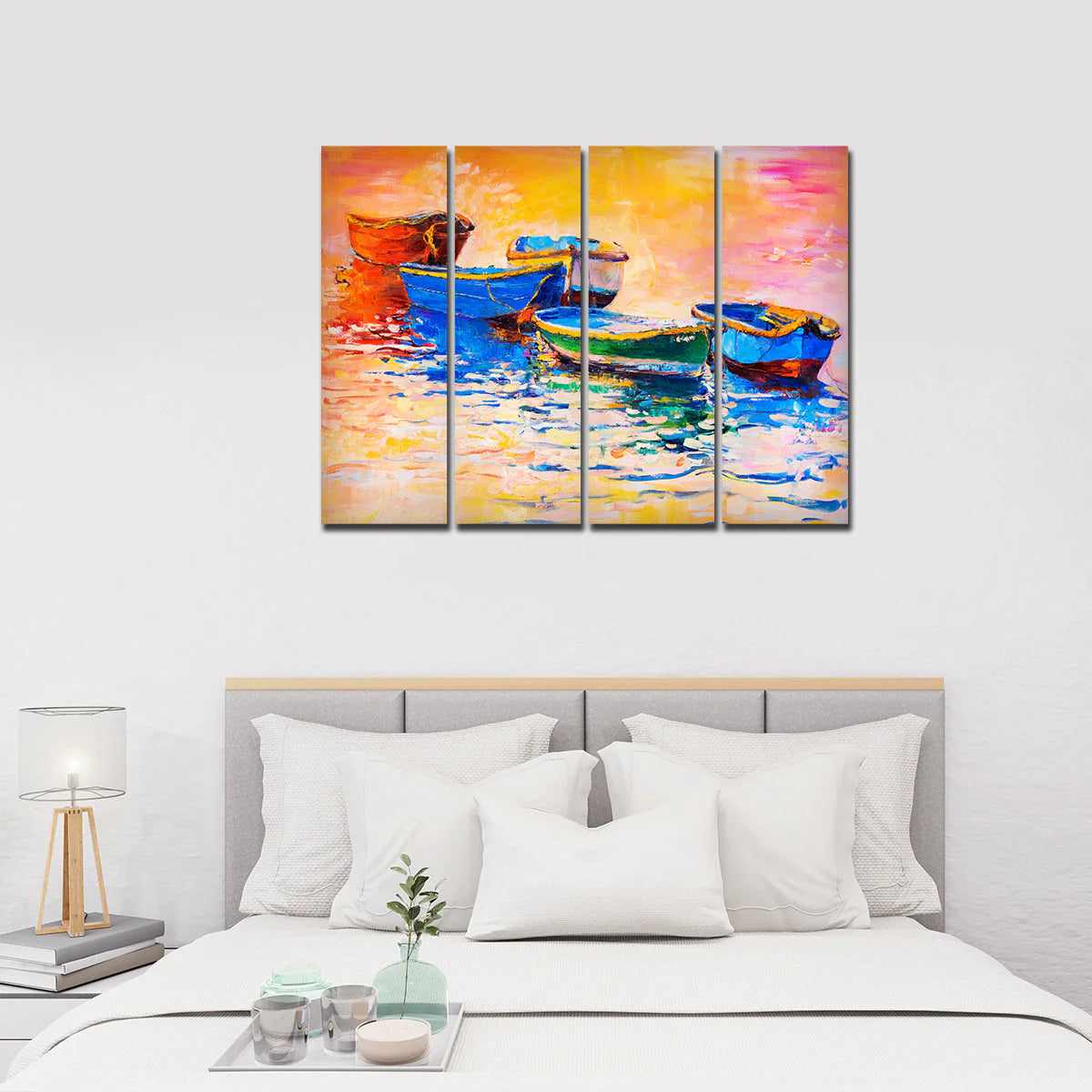 A Beautiful Boat in Sunset Background Wall Painting of 4 Pieces DECORMANTRA