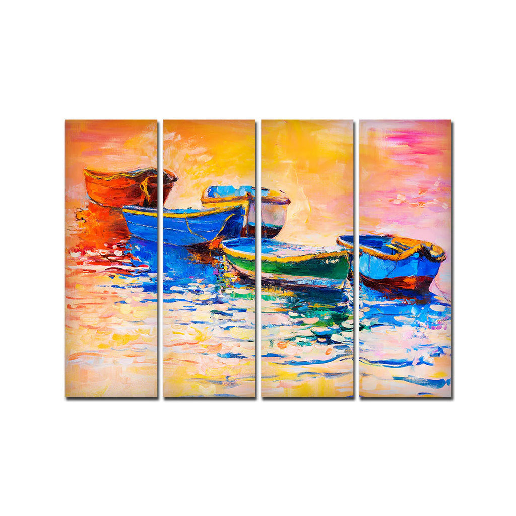 A Beautiful Boat in Sunset Background Wall Painting of 4 Pieces DECORMANTRA