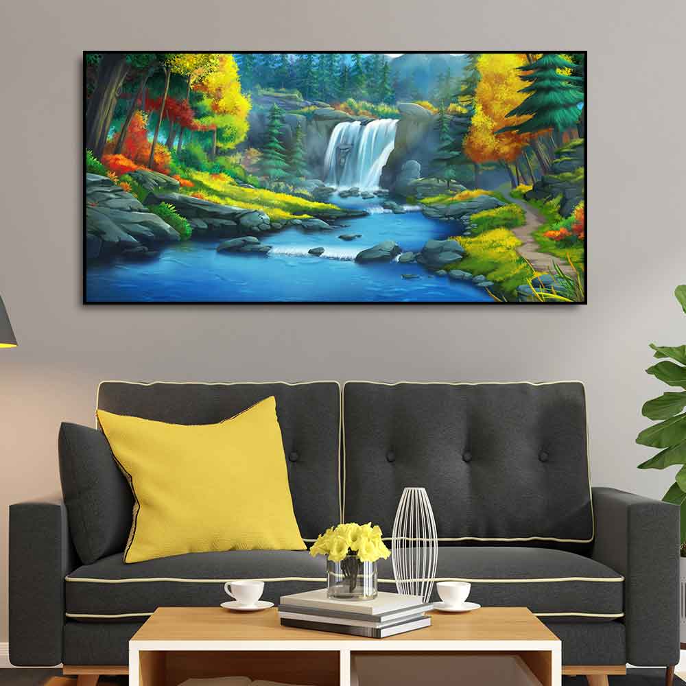 A Beautiful Scenery of Waterfall In Forest Canvas Wall Painting DECORMANTRA