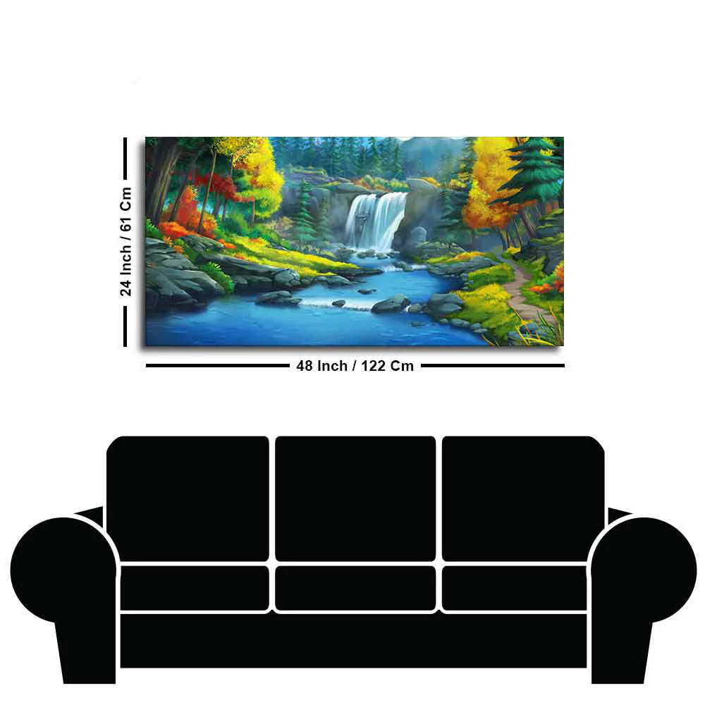 A Beautiful Scenery of Waterfall In Forest Canvas Wall Painting DECORMANTRA