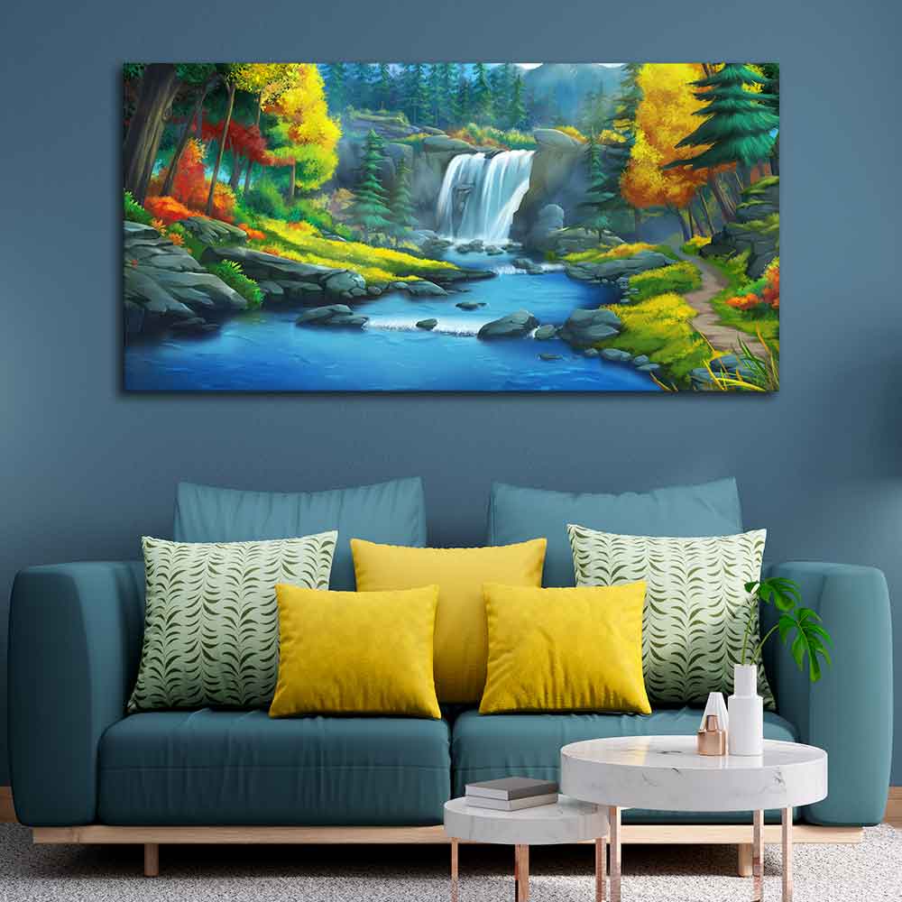 A Beautiful Scenery of Waterfall In Forest Canvas Wall Painting DECORMANTRA