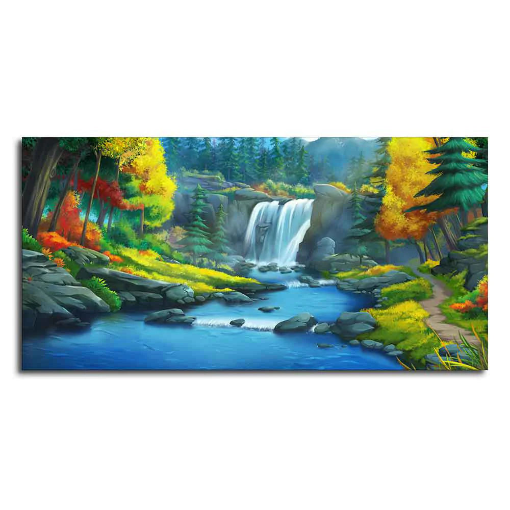 A Beautiful Scenery of Waterfall In Forest Canvas Wall Painting DECORMANTRA