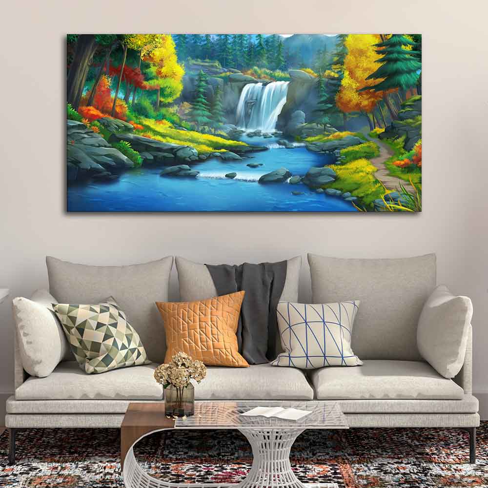 A Beautiful Scenery of Waterfall In Forest Canvas Wall Painting DECORMANTRA