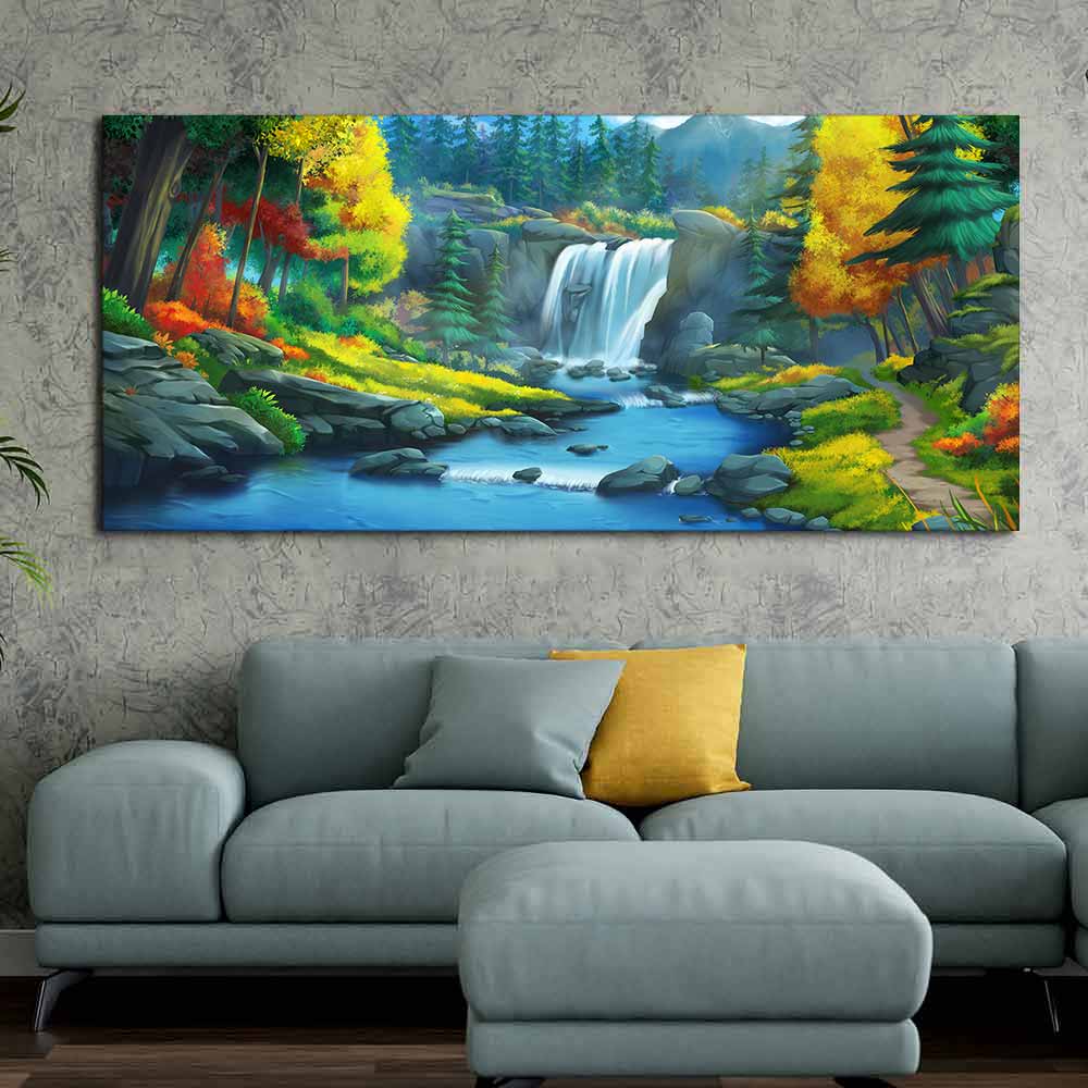 A Beautiful Waterfall In Forest Premium Wall Painting DECORMANTRA