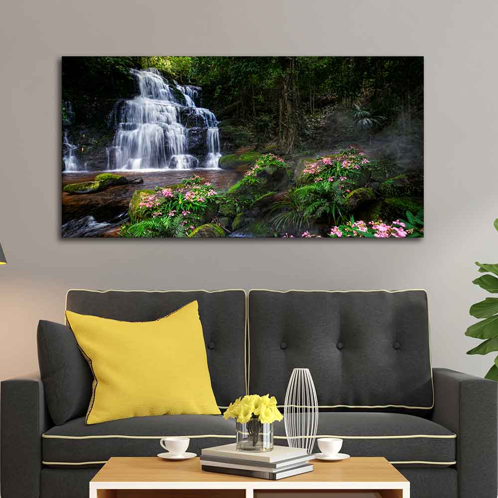 A Beautiful Waterfall in Forest Premium Canvas Wall Painting DECORMANTRA