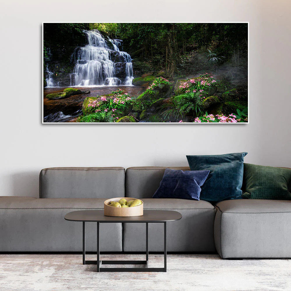 A Beautiful Waterfall in Forest Premium Canvas Wall Painting DECORMANTRA