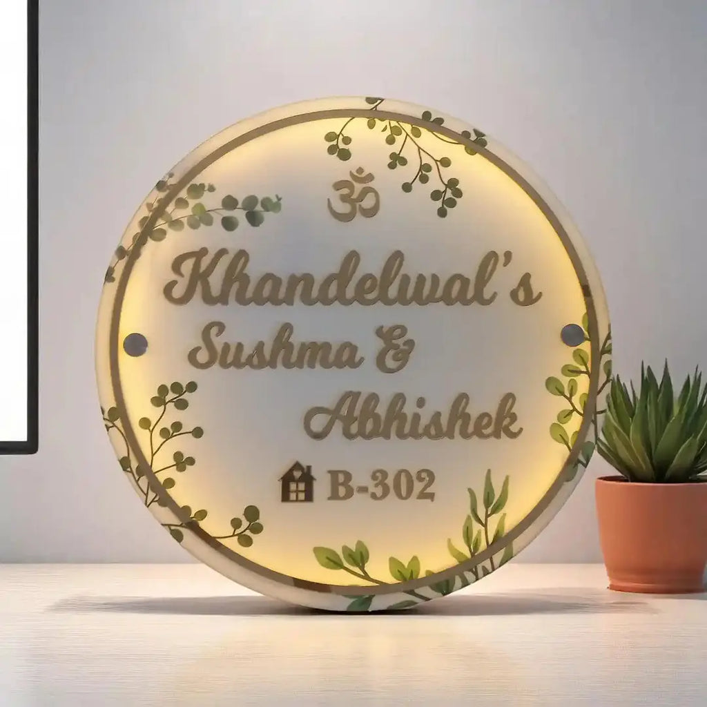Personalized Handmade Leaf Printed Circular Acrylic Name Plate With Lights Harshita Craft