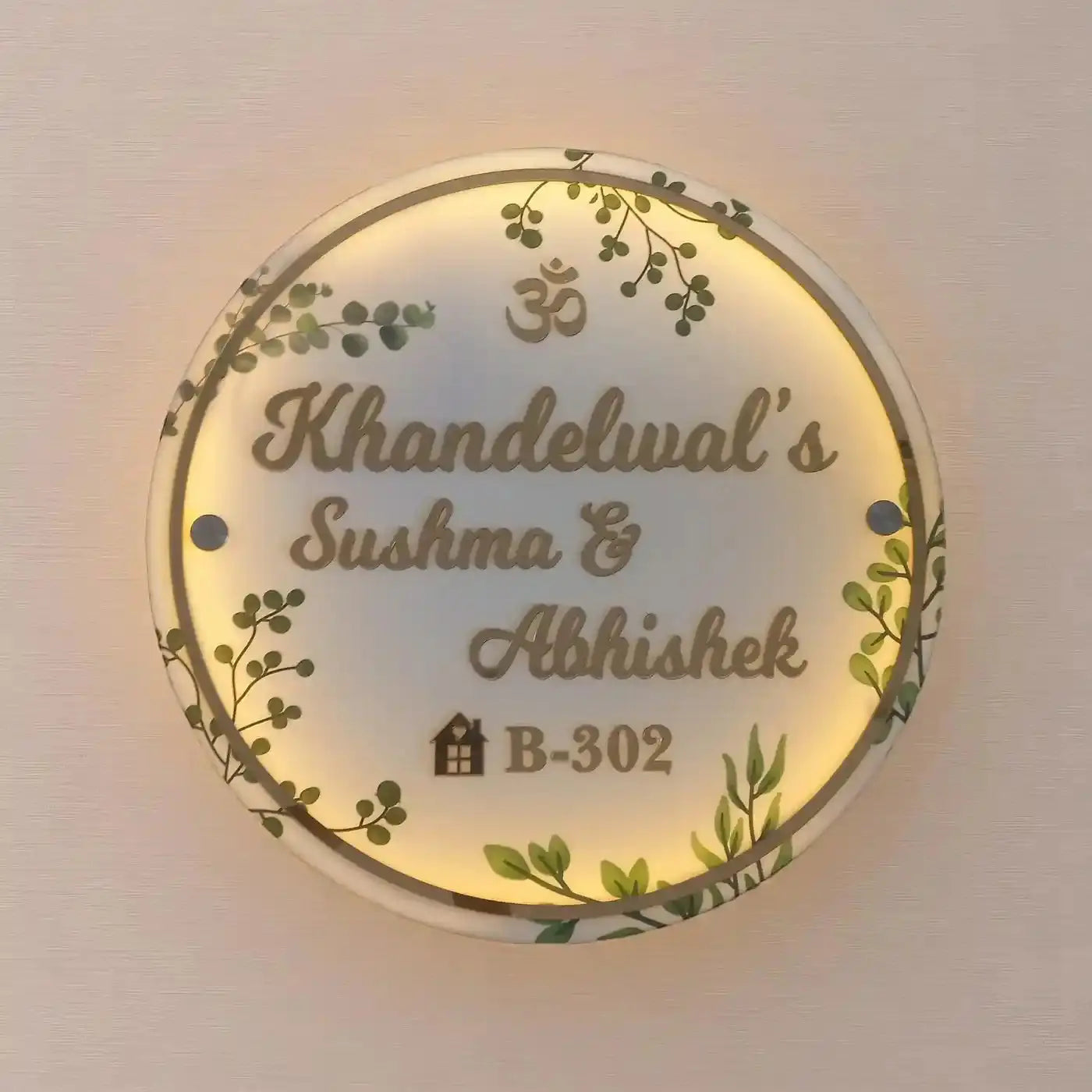 Personalized Handmade Leaf Printed Circular Acrylic Name Plate With Lights Harshita Craft