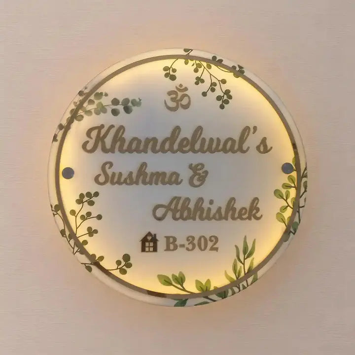 Personalized Handmade Leaf Printed Circular Acrylic Name Plate With Lights Harshita Craft