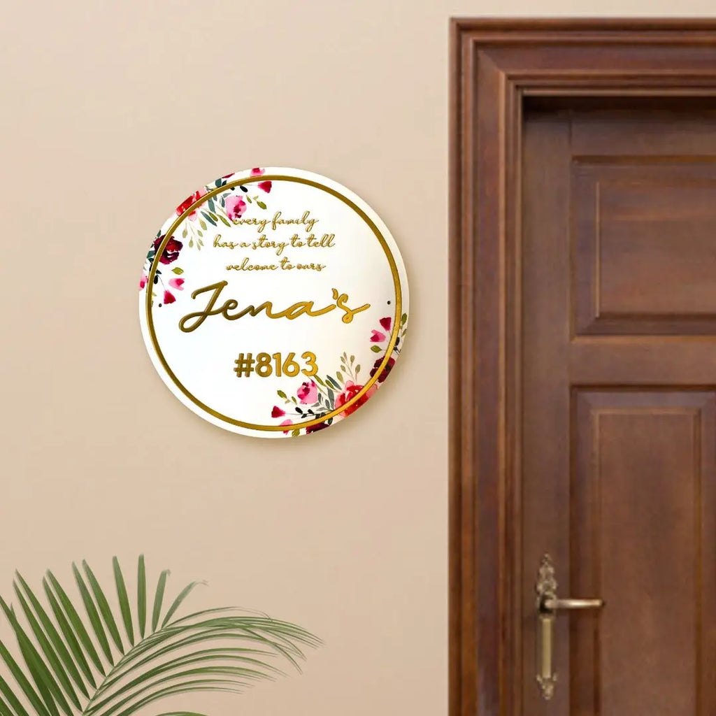 Personalised Printed Floral Round Acrylic Nameplate - Harshita Craft