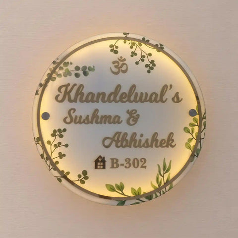 Personalized Handmade Leaf Printed Circular Acrylic Name Plate With Lights