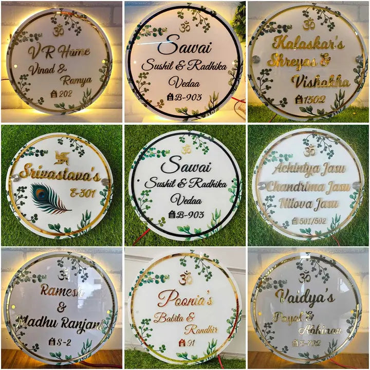 Personalized Handmade Leaf Printed Circular Acrylic Name Plate With Lights Harshita Craft