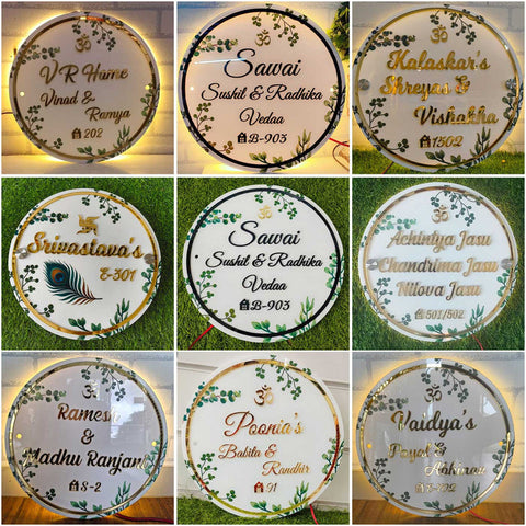Personalized Handmade Leaf Printed Circular Acrylic Name Plate With Lights