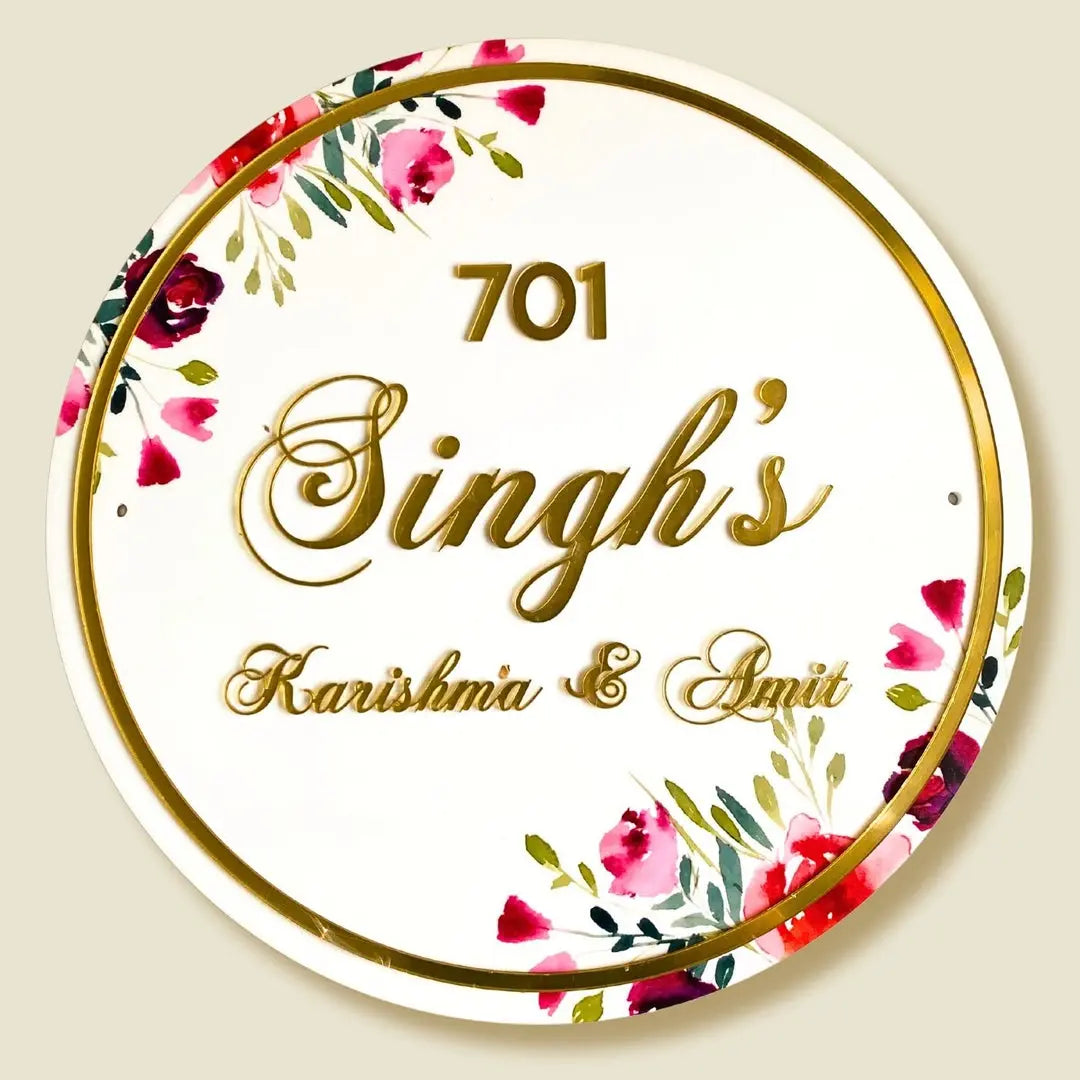 Personalised Printed Floral Round Acrylic Nameplate - Harshita Craft