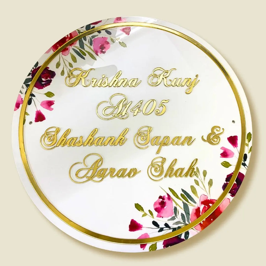 Personalised Printed Floral Round Acrylic Nameplate - Harshita Craft