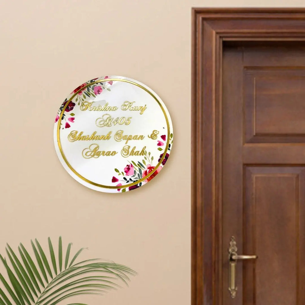 Personalised Printed Floral Round Acrylic Nameplate - Harshita Craft