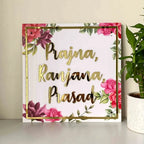 Personalised Pink Floral Square Acrylic Nameplate - Harshita Craft