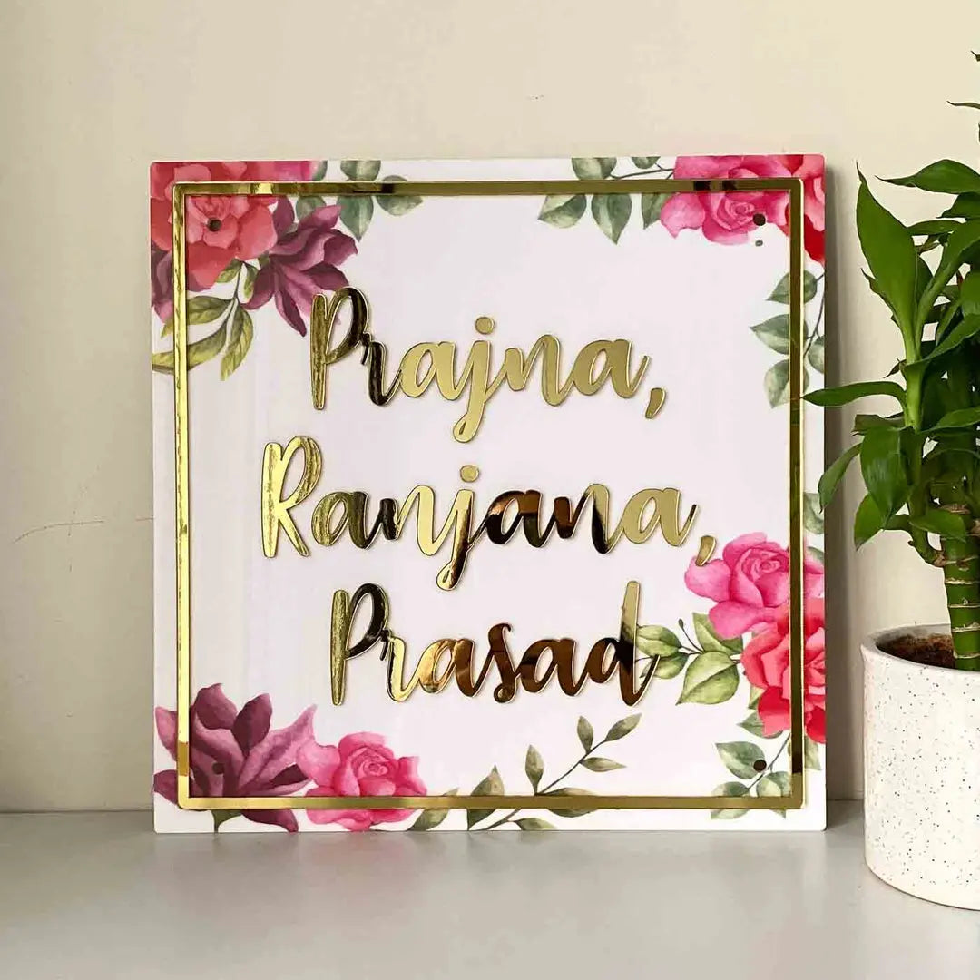 Personalised Pink Floral Square Acrylic Nameplate - Harshita Craft