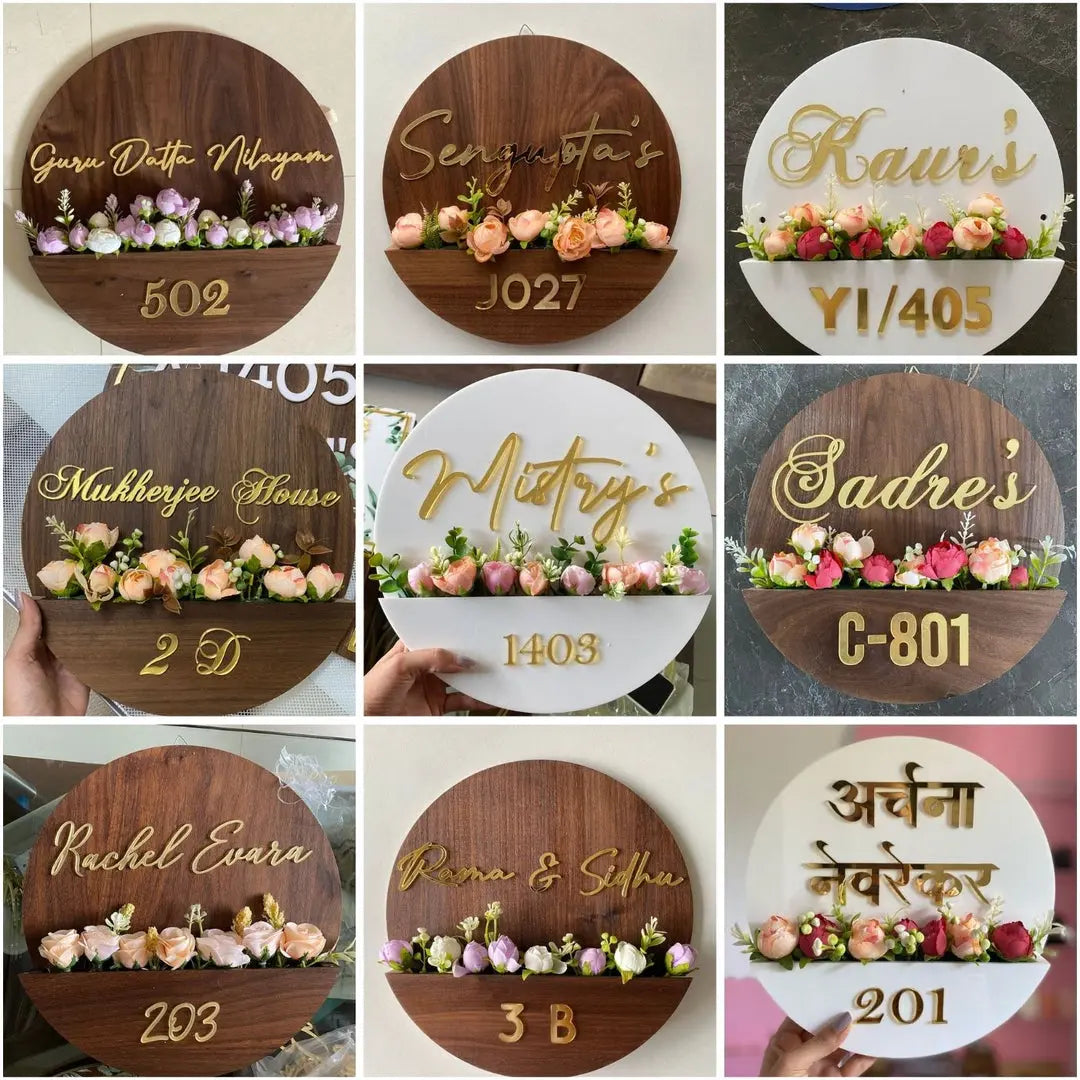 Personalised Acrylic Flower Basket Nameplate - Harshita Craft