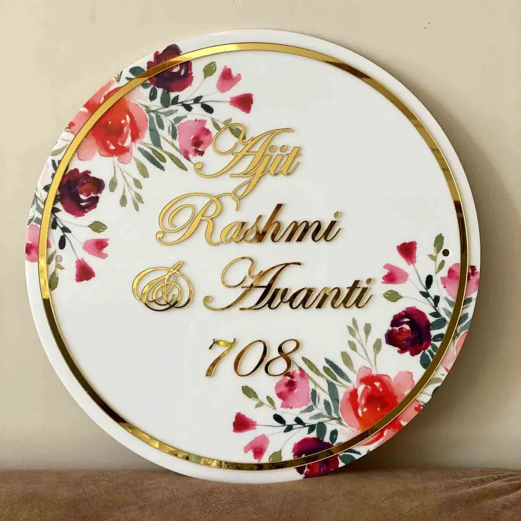 Personalised Printed Floral Round Acrylic Nameplate - Harshita Craft