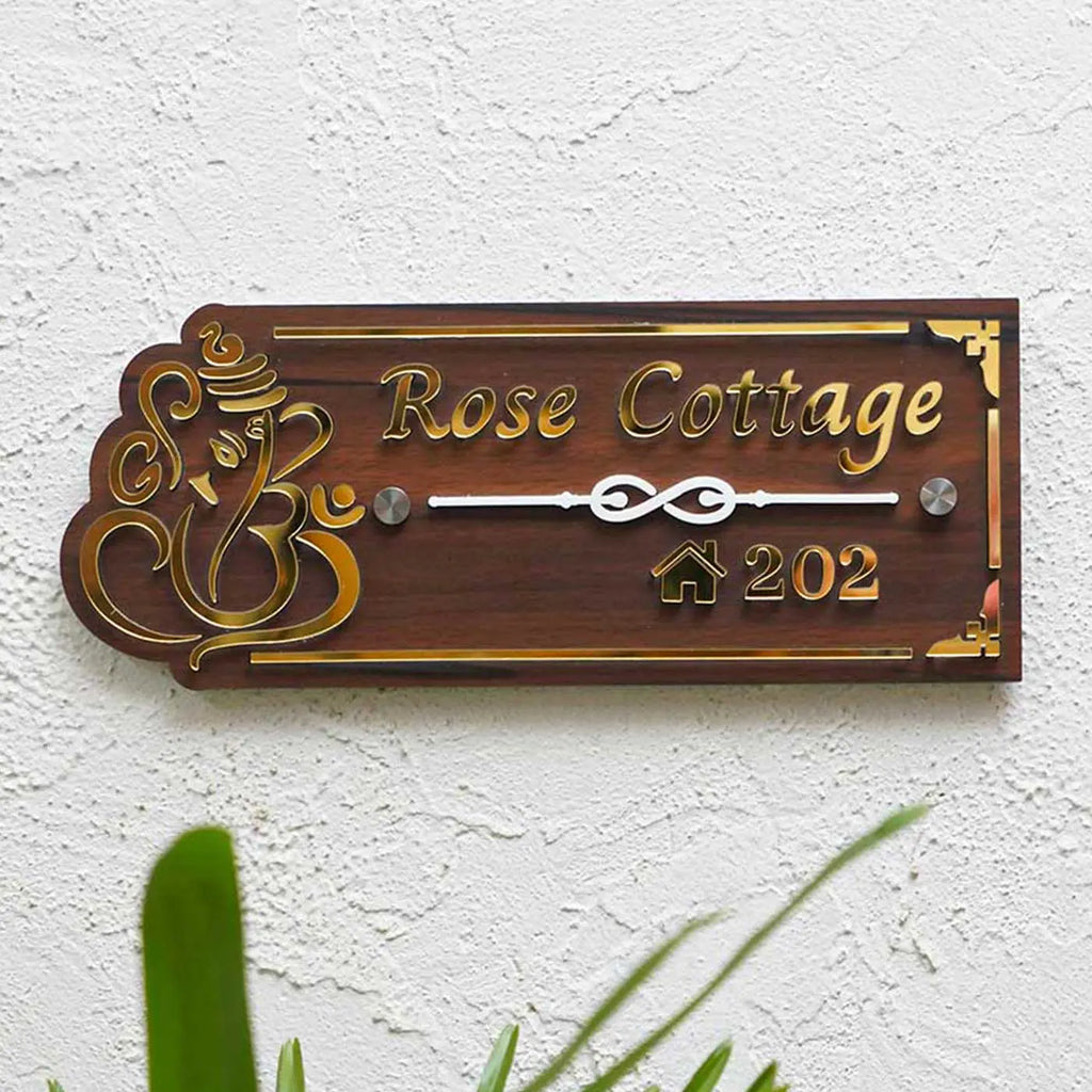 Personalized Brown & Gold Ganesh Themed Acrylic Name Plate - Harshita Craft