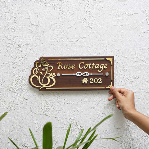 Personalized Brown & Gold Ganesh Themed Acrylic Name Plate