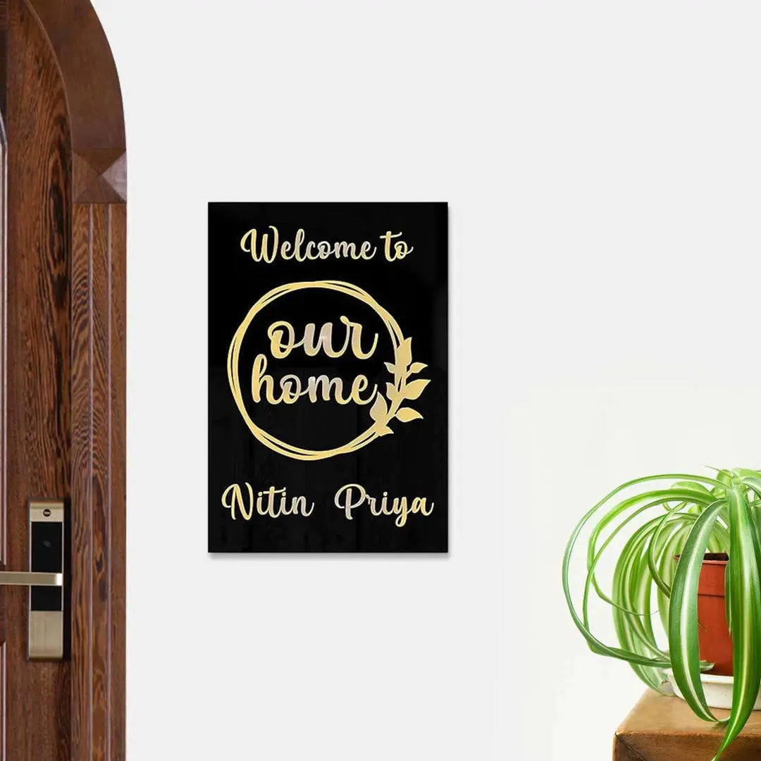 Personalized Black & Gold Vertical Acrylic Name Plate - Harshita Craft