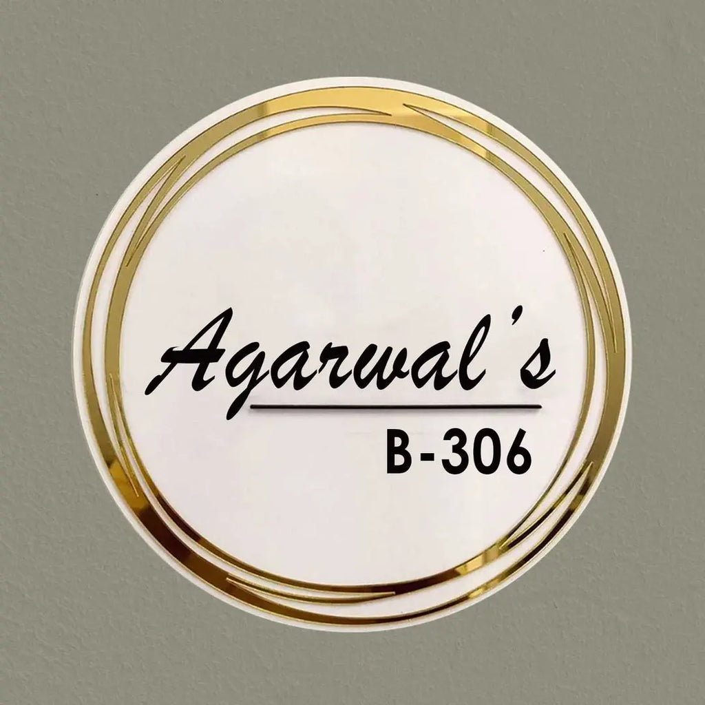 Personalized Round Gold & White Acrylic Name Plate - Harshita Craft