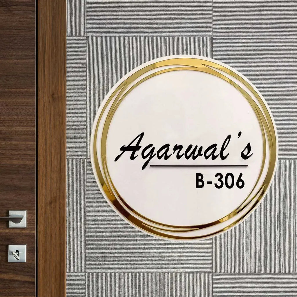 Personalized Round Gold & White Acrylic Name Plate - Harshita Craft