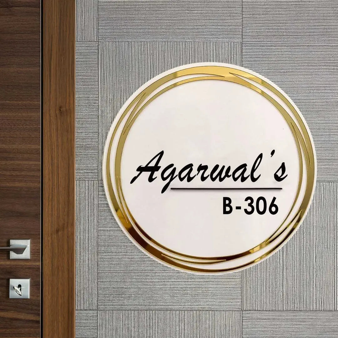 Personalized Round Gold & White Acrylic Name Plate - Harshita Craft
