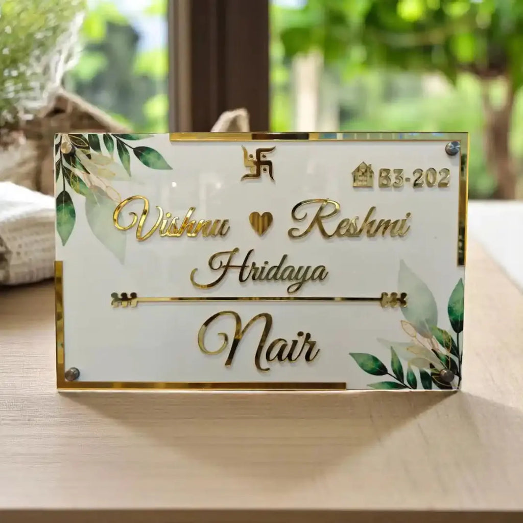 Personalized Handmade Rectangular Leaf Acrylic Name Plate - Harshita Craft
