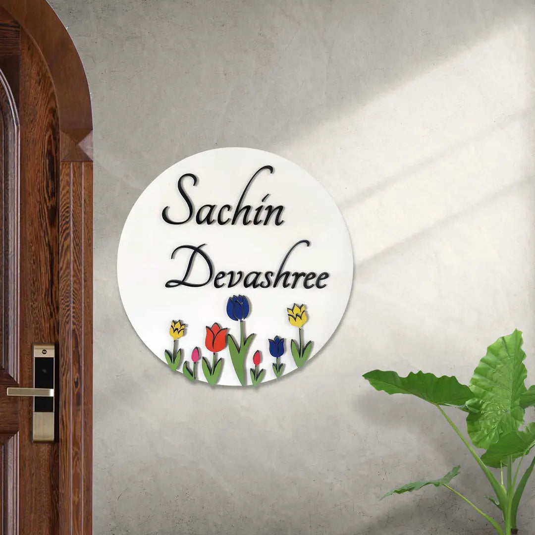 Personalized Tulip Garden Theme Acrylic Name Plate - Harshita Craft