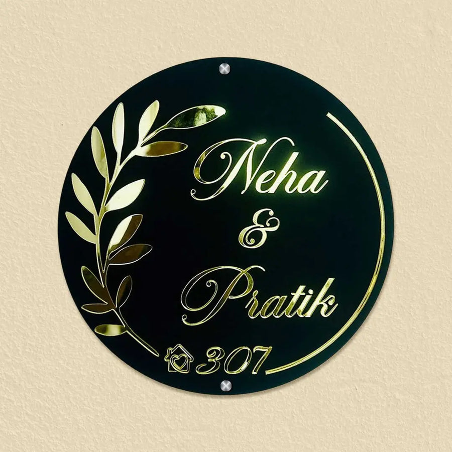 Personalized Round Black & Gold Acrylic Name Plate - Harshita Craft