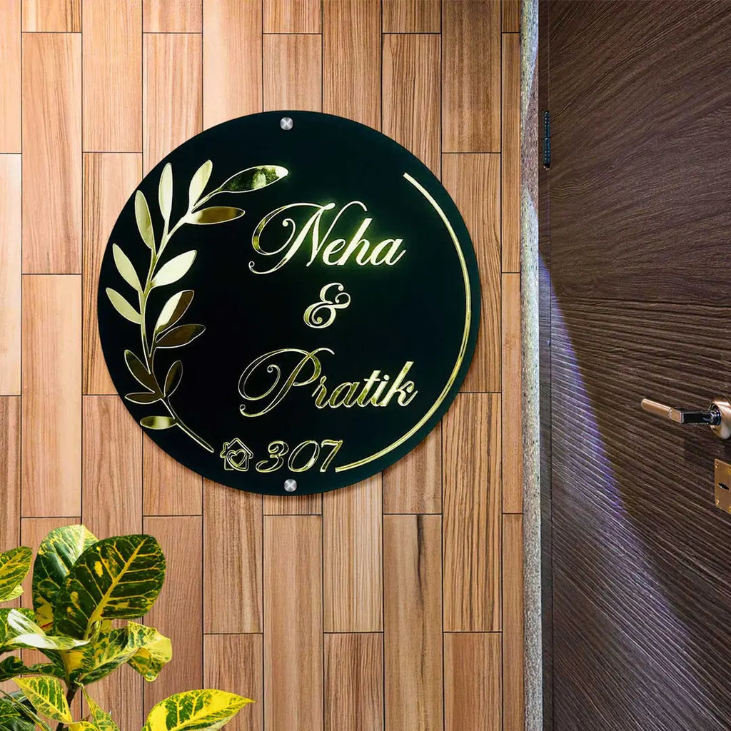 Personalized Round Black & Gold Acrylic Name Plate - Harshita Craft