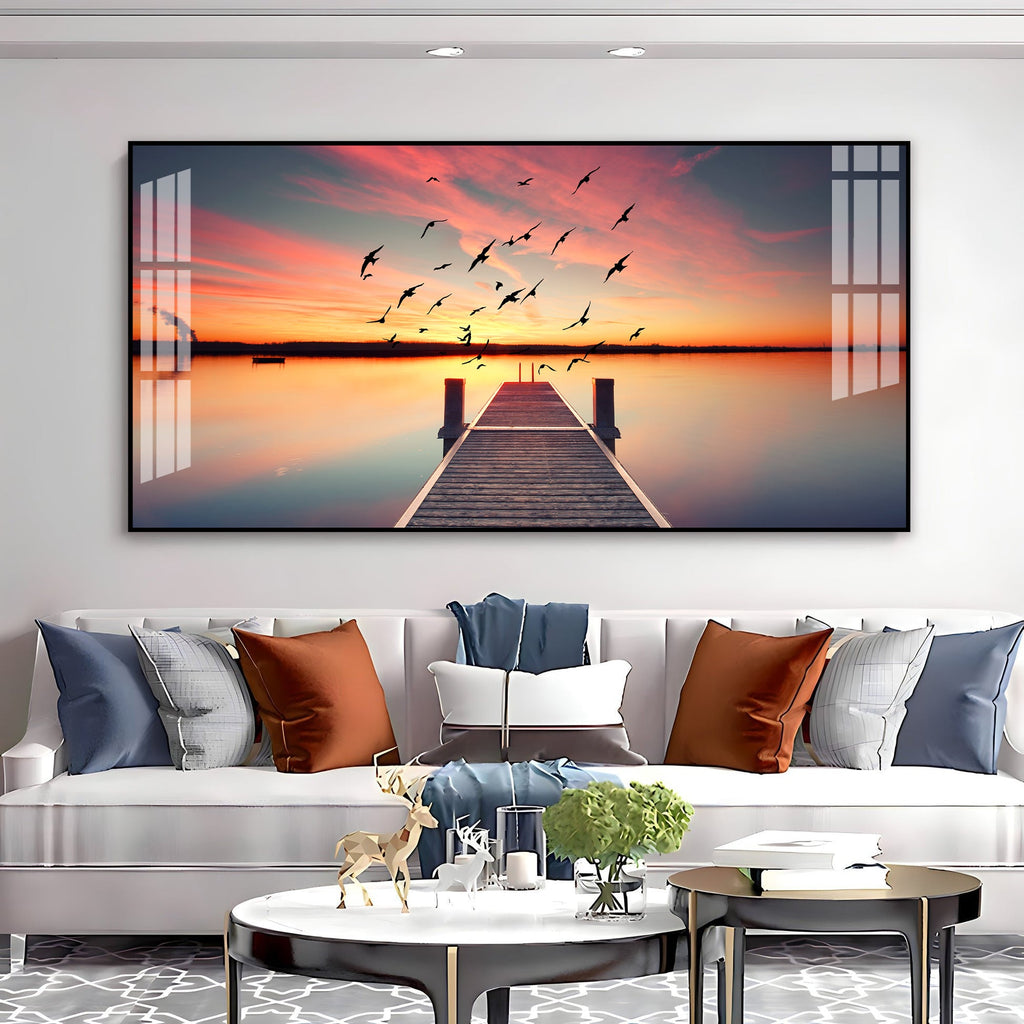 Beautiful Sunset Lake View Acrylic Wall Art   For Living Room Decor