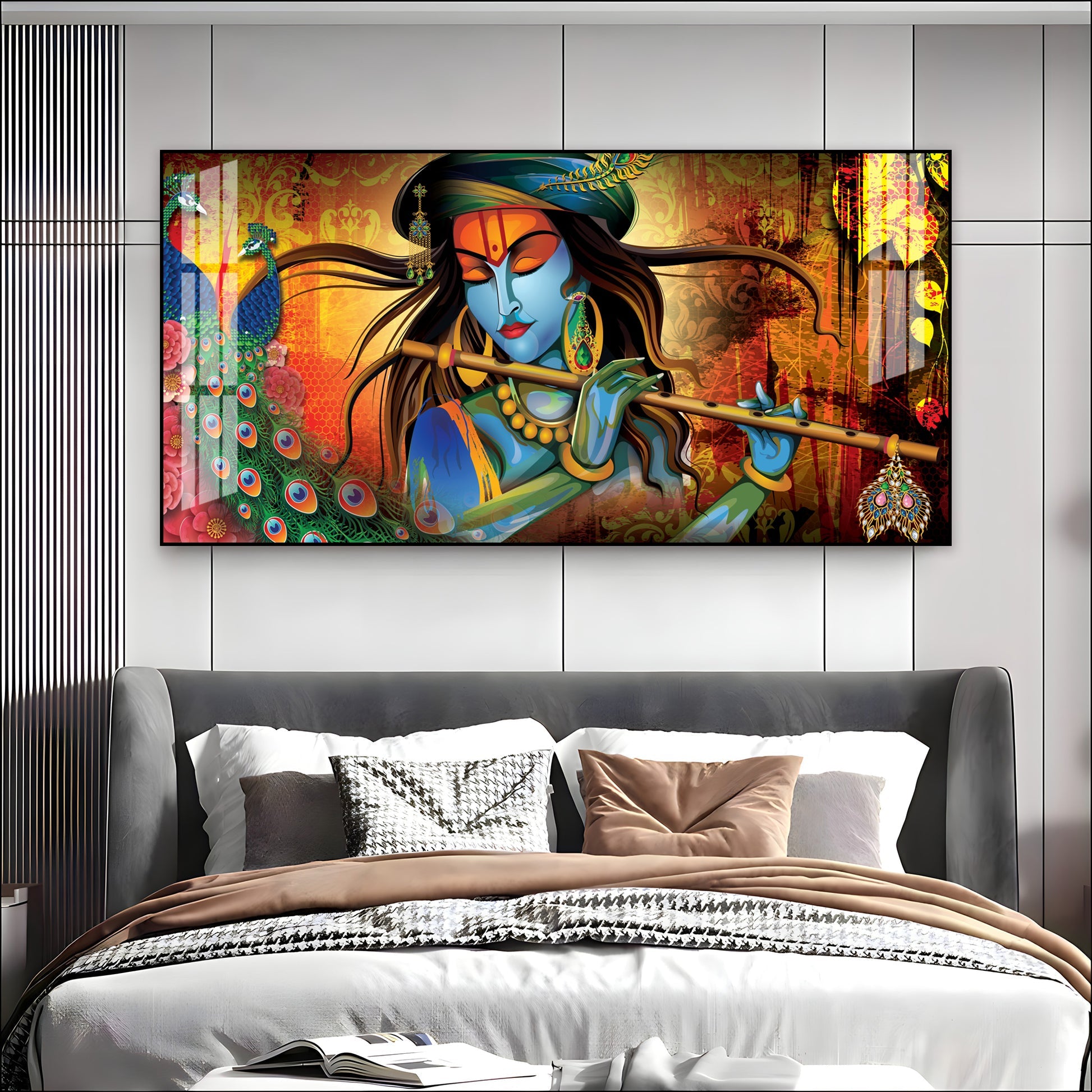 Spiritual Lord Krishna Acrylic Wall Art   With Flute For Living Room Decor
