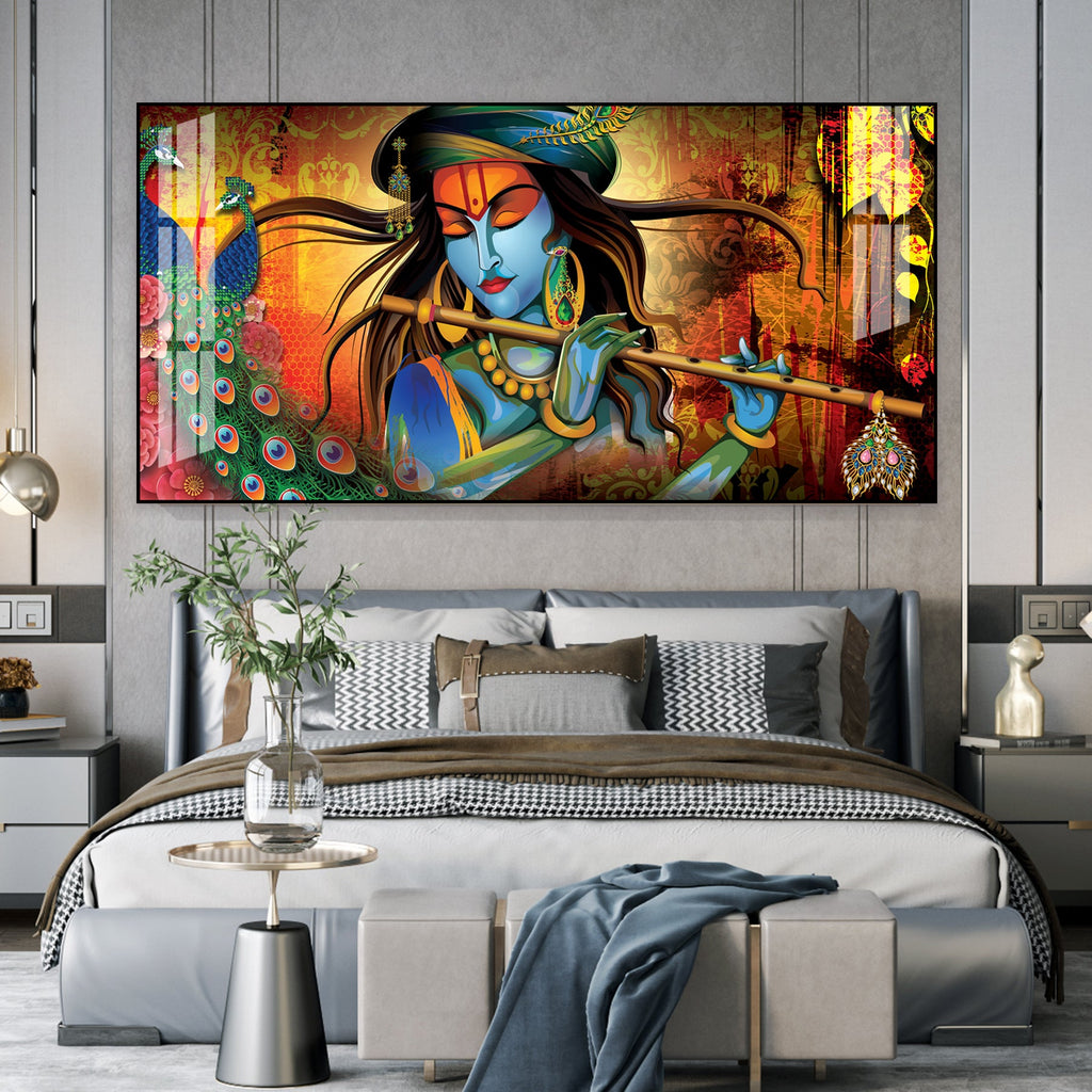 Spiritual Lord Krishna Acrylic Wall Art   With Flute For Living Room Decor