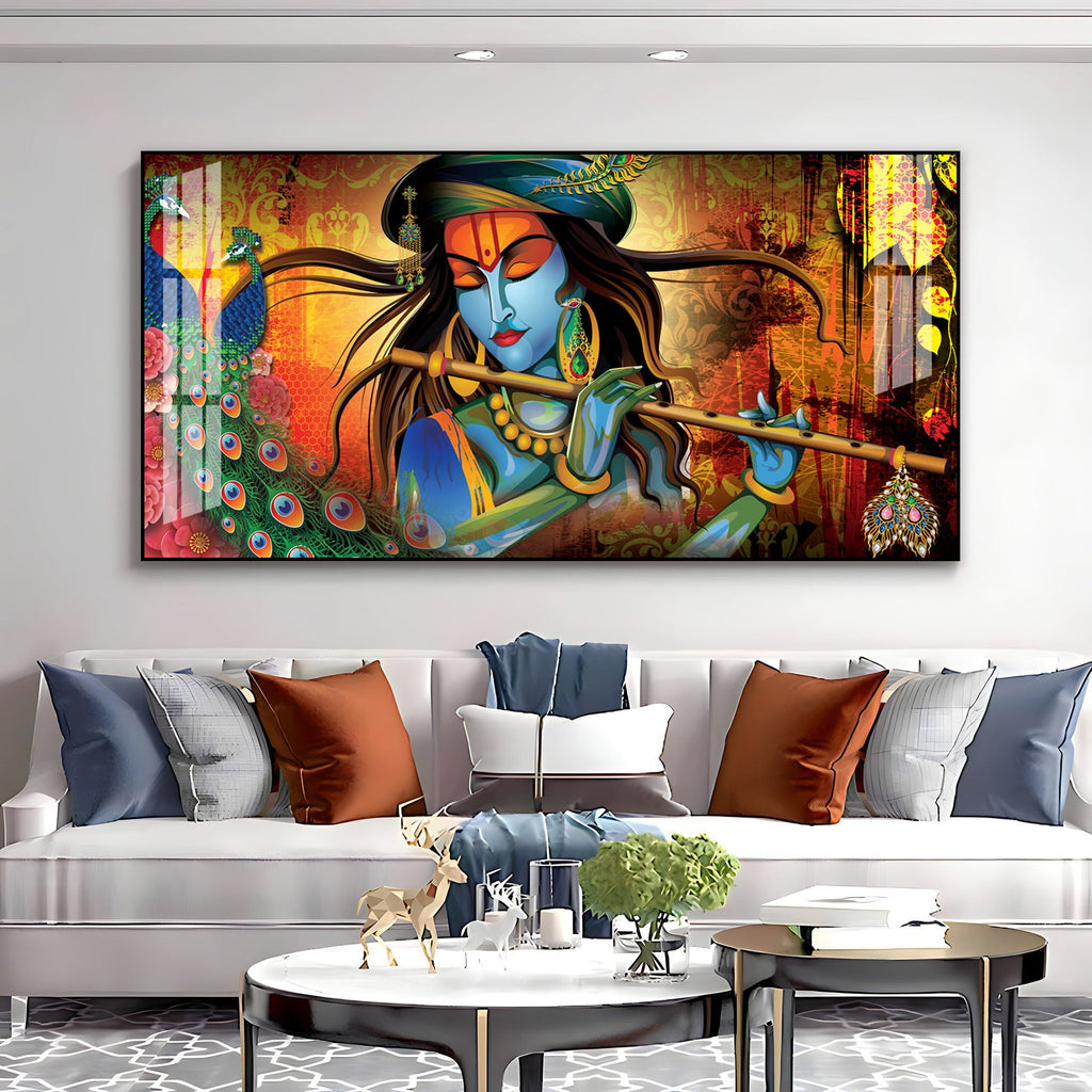 Spiritual Lord Krishna Acrylic Wall Art   With Flute For Living Room Decor