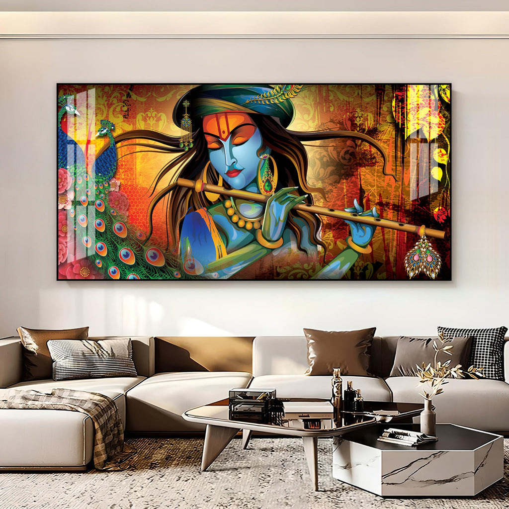 Spiritual Lord Krishna Acrylic Wall Art   With Flute For Living Room Decor