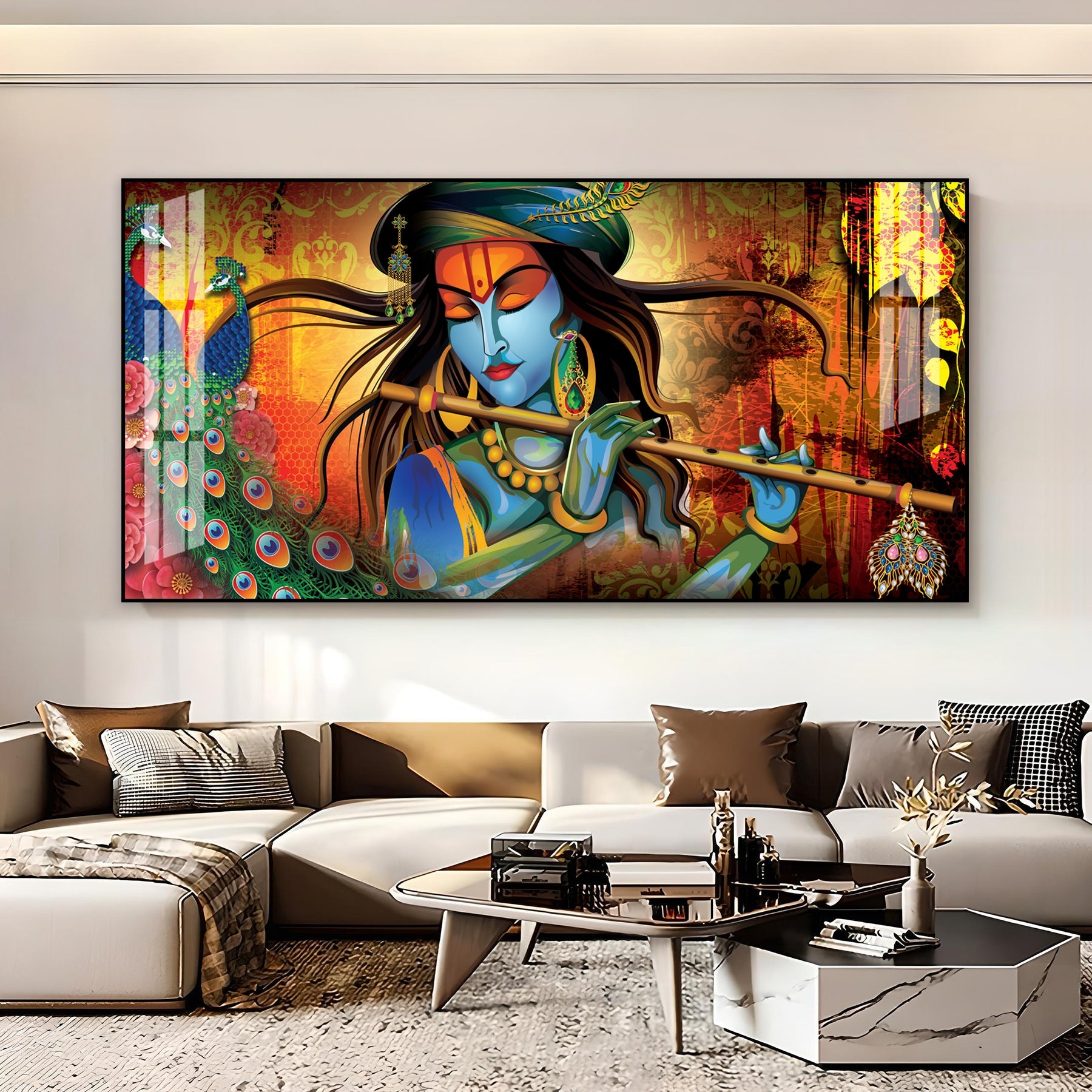 Spiritual Lord Krishna Acrylic Wall Art   With Flute For Living Room Decor